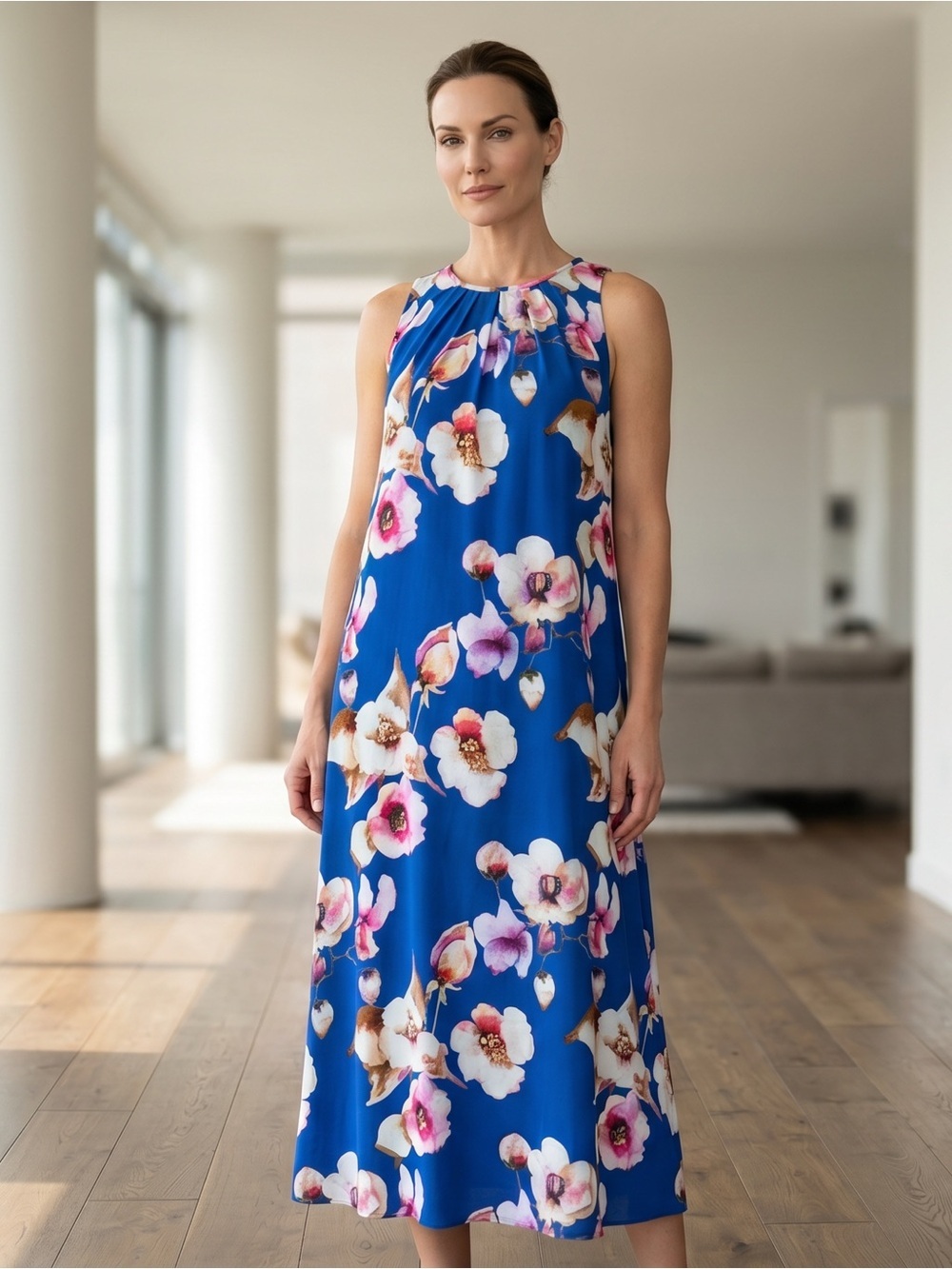 Kut from the Kloth Stunning Royal Blue Floral Midi Dress Gathered Neckline